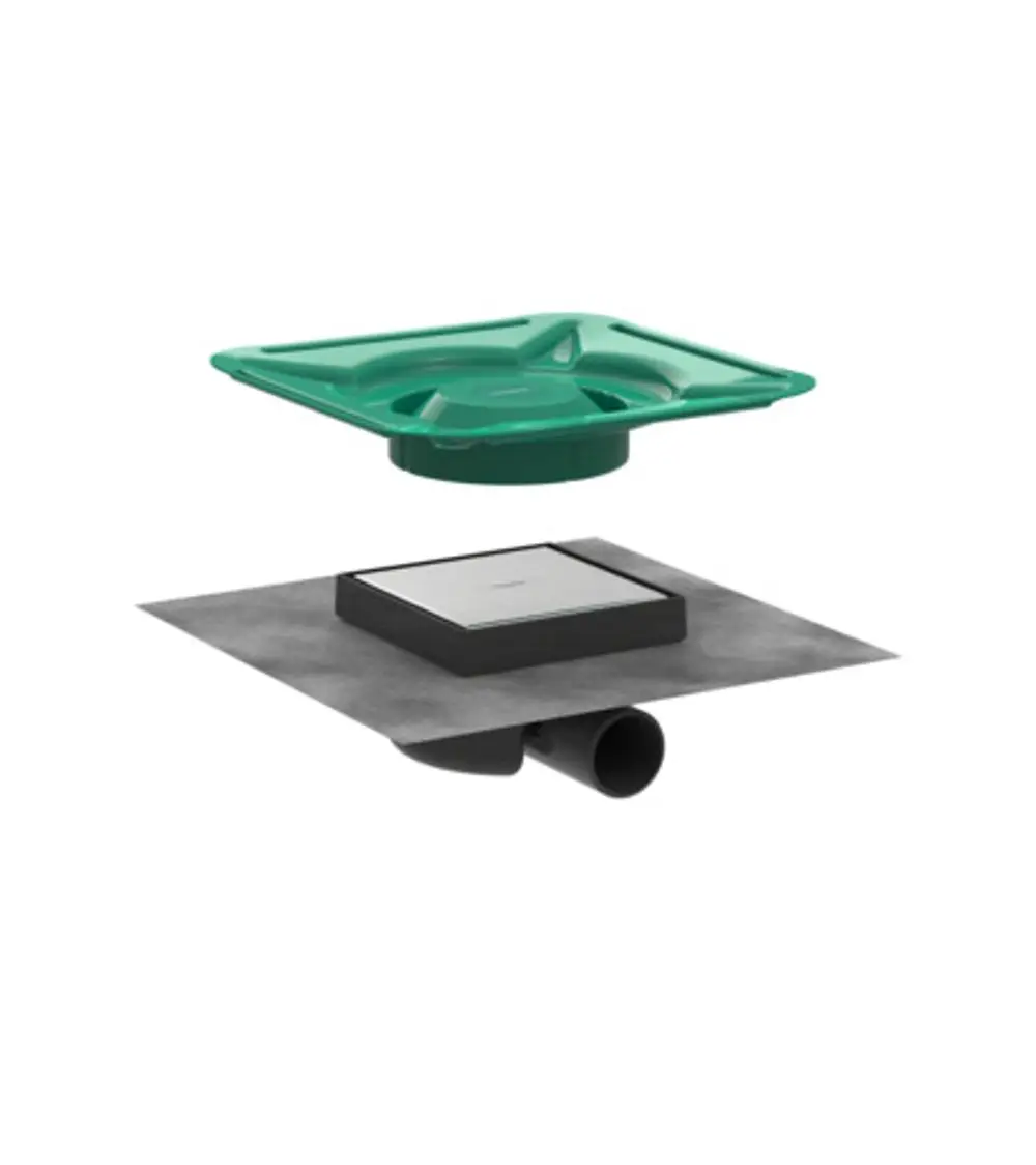 Hansgrohe Ablaufset bestehend aus einem grünen Abdeckrahmen und einem quadratischen Ablauf, der für die Fliesenverlegung geeignet ist. Untere Verbindung für Abfluss sichtbar.
